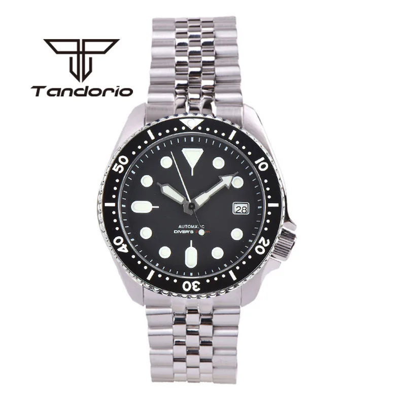 Tandorio 41mm skx007 NH35A 20bar Automatic Dive Watch for Men Bracelet 3.8 Crown Sapphire Crystal Green Luminous Date