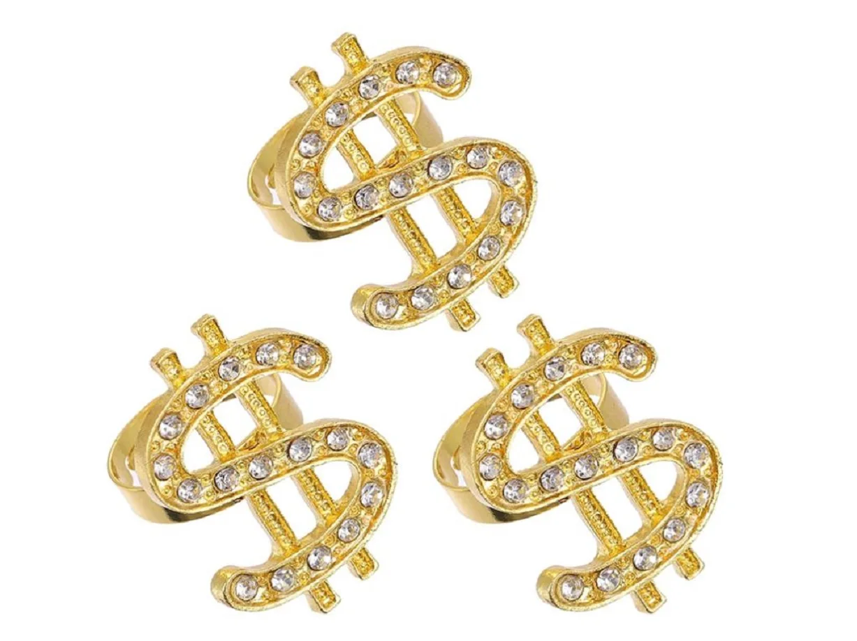 Crystal Dollar Sign Ring Party Decoration Money Symbol Zirconia Rinestone Open Gold Rings Hip Hop Rapper Punk 50pcs