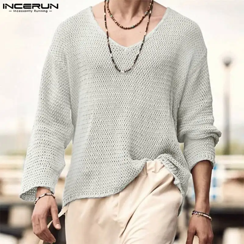 INCERUN Men T Shirt Solid Color Knitted V Neck Long Sleeve Casual Men Clothing Streetwear 2023 Hollow Out Loose Camisetas S-5XL