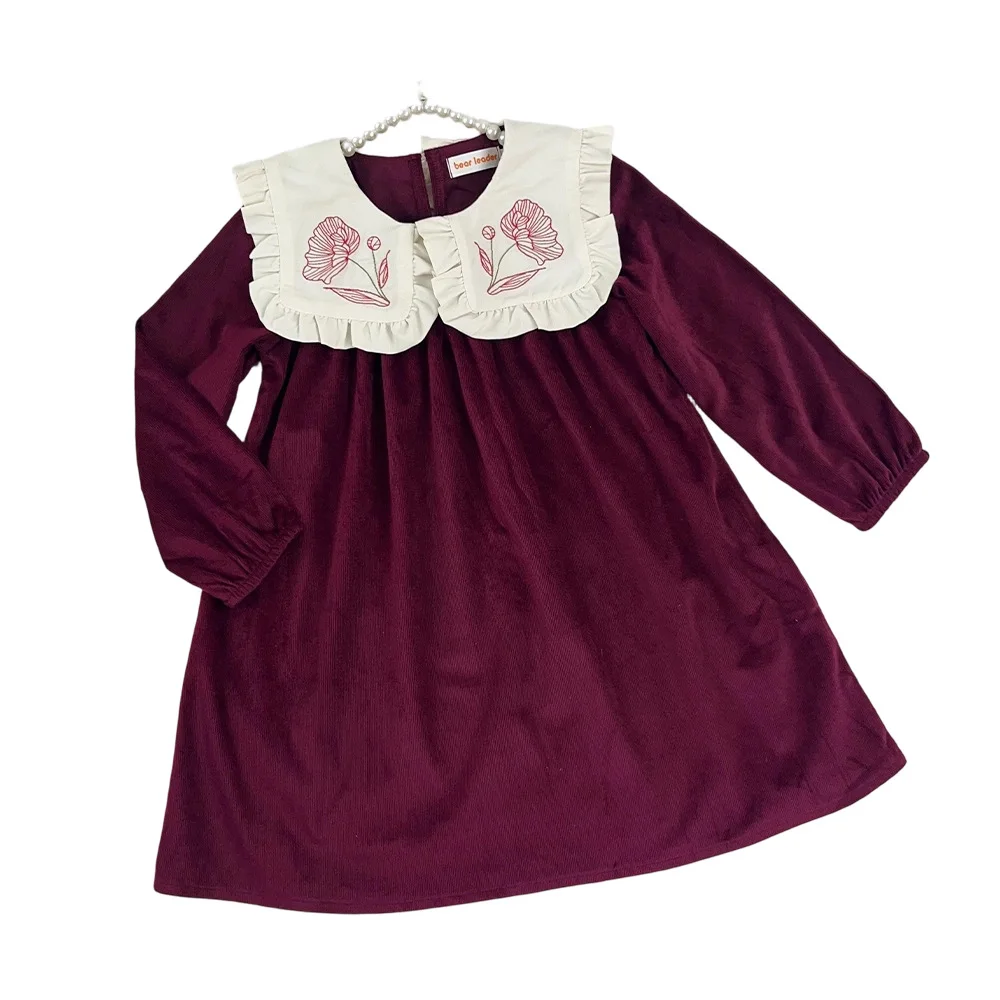 Girls Embroidered Lapel Collar Long Sleeve Princess Dress Spring Fall New Arrival Sweet Chic Kids Party Dress
