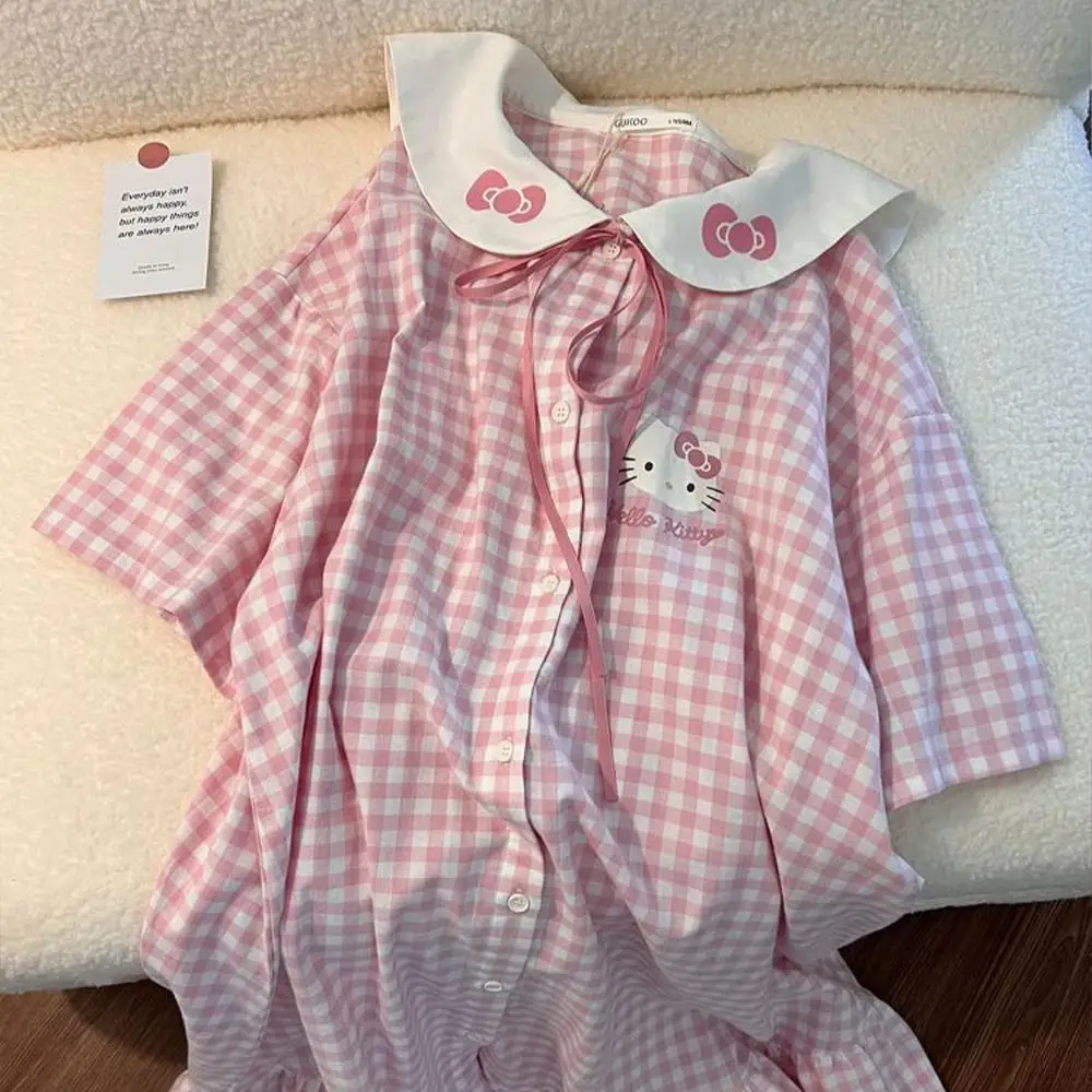 

Sweet Hello Kitty Pink Night Skirt for Women 2025 New Summer Girls Pajamas Cute Homeclothes Short-Sleeved Doll Collar Home Dress