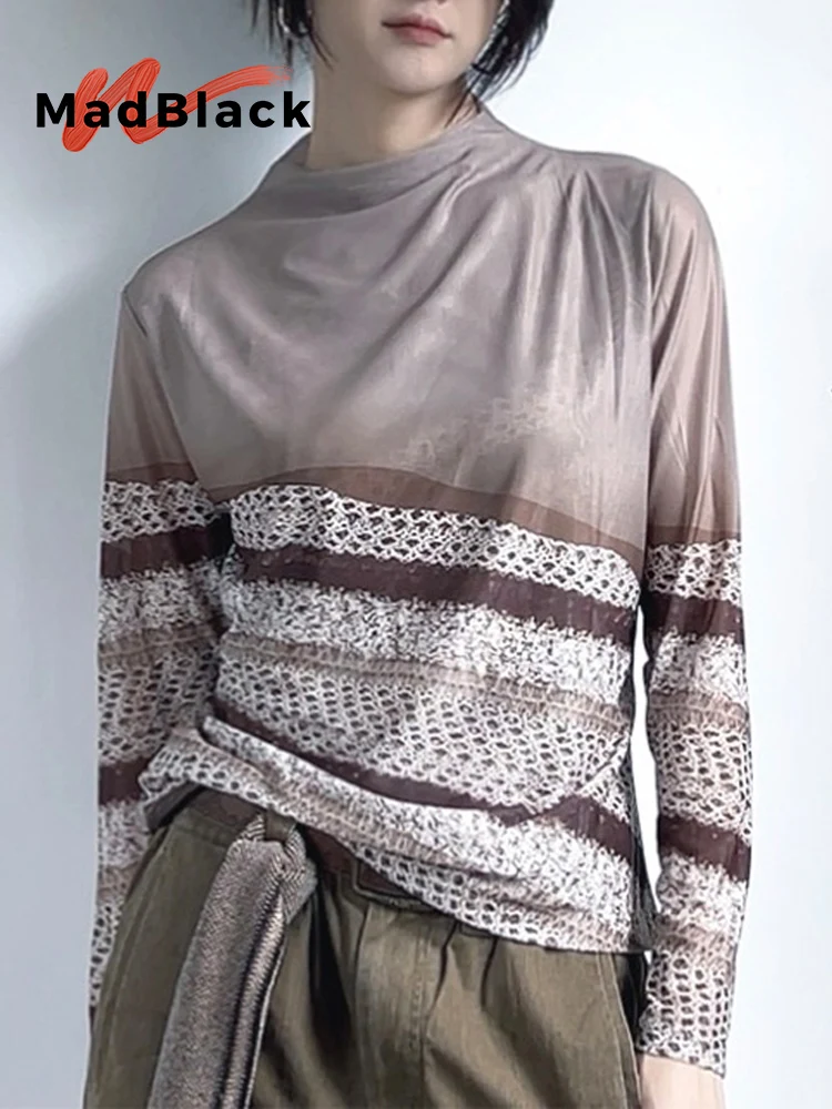 

MadBlack-Women's European T-Shirt, Sexy Mock Neck Print, Fashion Modern Long Sleeve Slim M-2XL Mesh Tee, 2025 Winter T5N536CC