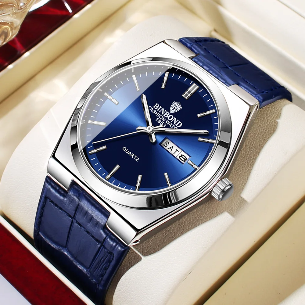

New Casual Business Man Blue Leather Clock Men Luxury Watch Automatic Watches Mens Fashion Quartz Wristwatches Reloj Hombre 2026