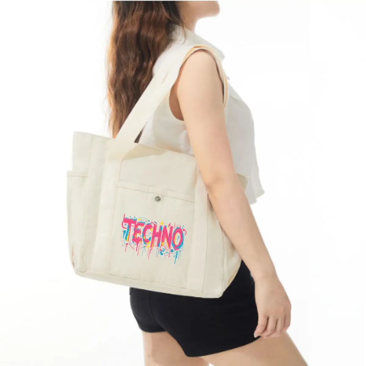 TECHNO Graffiti - Style Text Large Capacity Tote Canvas Bag for Work Outgoing High Appearance Commuting