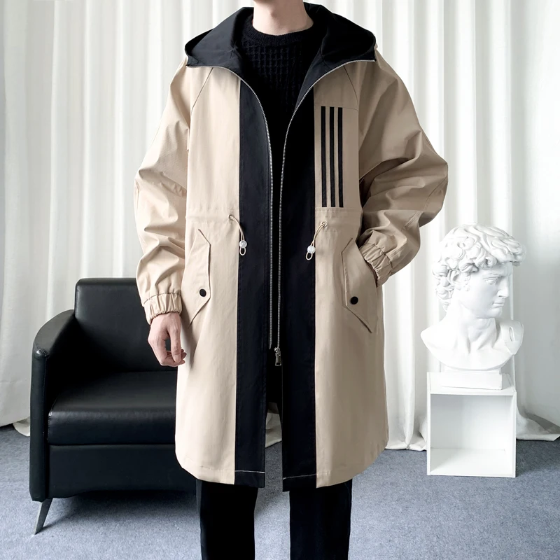 

Fashionable Color-blocked Men's Overcoat, High-quality Hooded Jacket, Windproof, Warm, Men's Extended Jacket.M-4XL