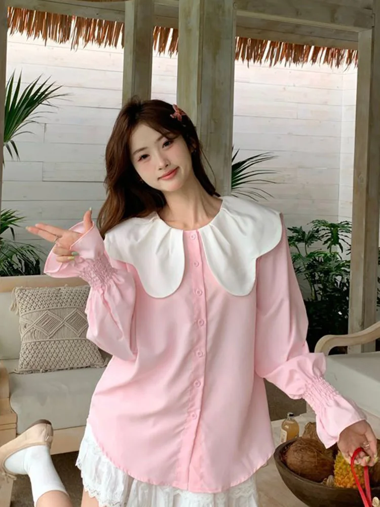 Estilo preppy doce bonito camisas femininas solto elegante manga longa outono blusa vintage casual macio japão feminino amarelo kawaii topos