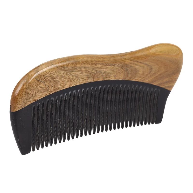 5X Natural Green Sandalwood Hair Comb - No Static Wooden Fine Tooth Black Buffalo Horn Comb (Green Sandalwood)