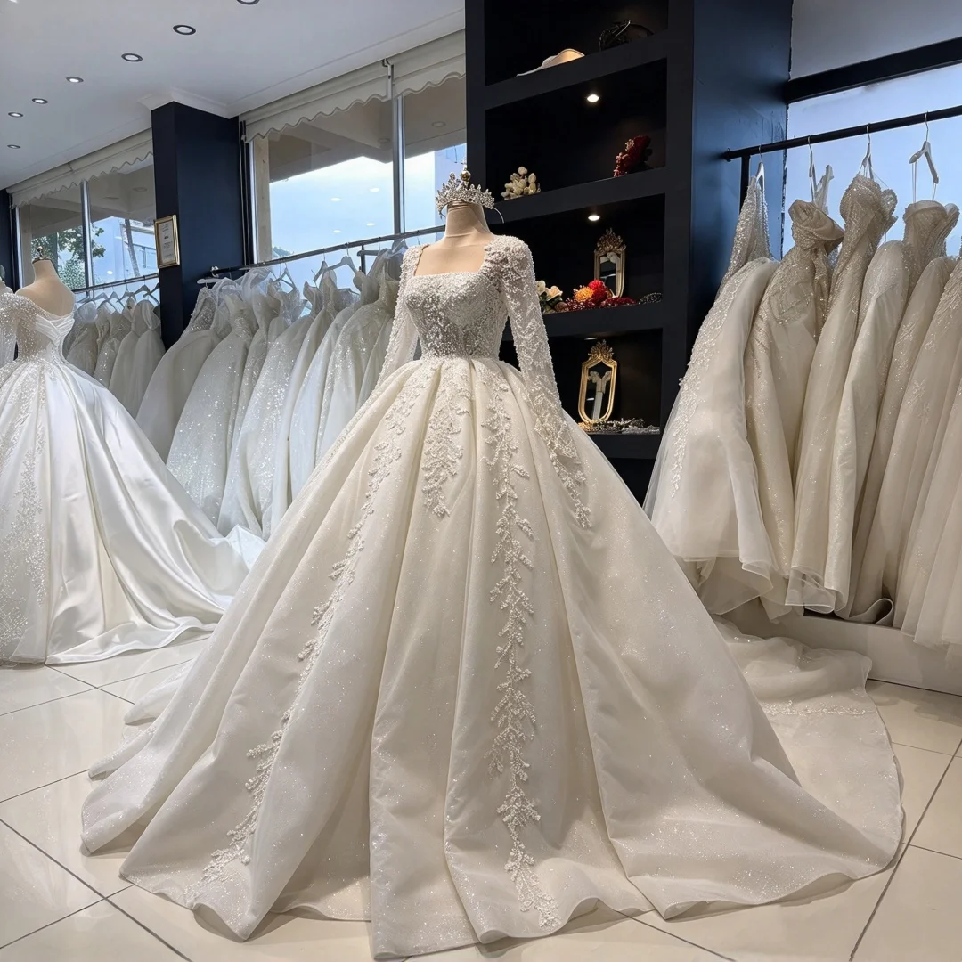 Long Sleeve Square Neck Ballgown Wedding Dress 3D Floral Lace Glitter Tulle Bridal Gown Custom Plus Size Princess Wedding Robe