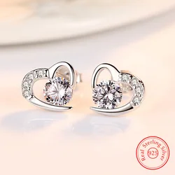 Real 925 Sterling Silver Crystal Jewelry New Heart Stud Earrings For Woman XY0201