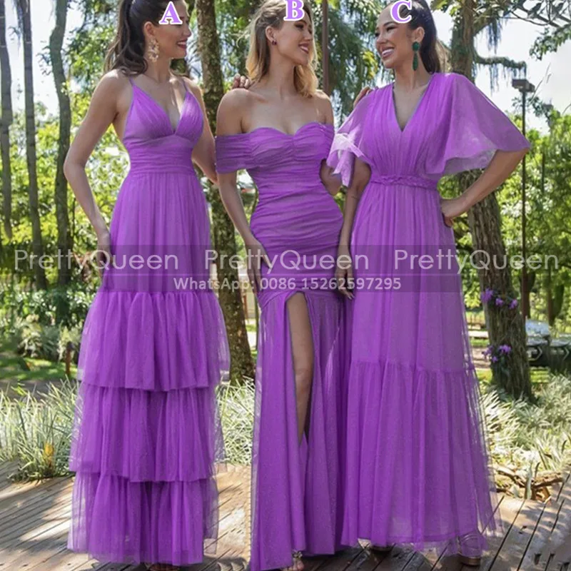 

Stunning A Line Bridesmaid Dresses Long Plunging Neck Side Split Mermaid Customized Tulle Wedding Party Dress For Women