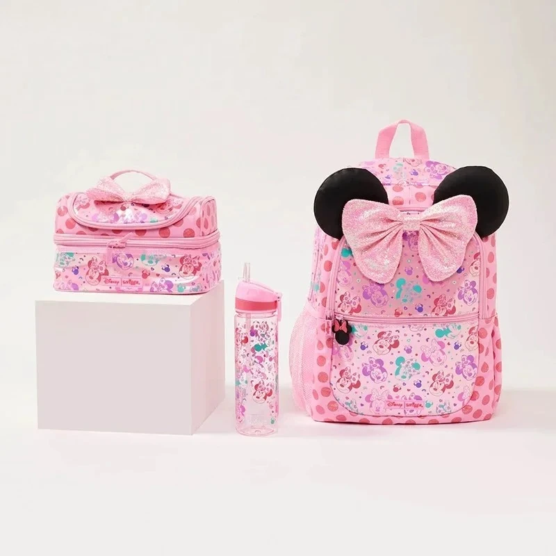 Mochila escolar auténtica de Disney Australia Minnie Pink para niñas, estuche de bolígrafo de papelería, bolsa de almuerzo, mochila de doble hombro