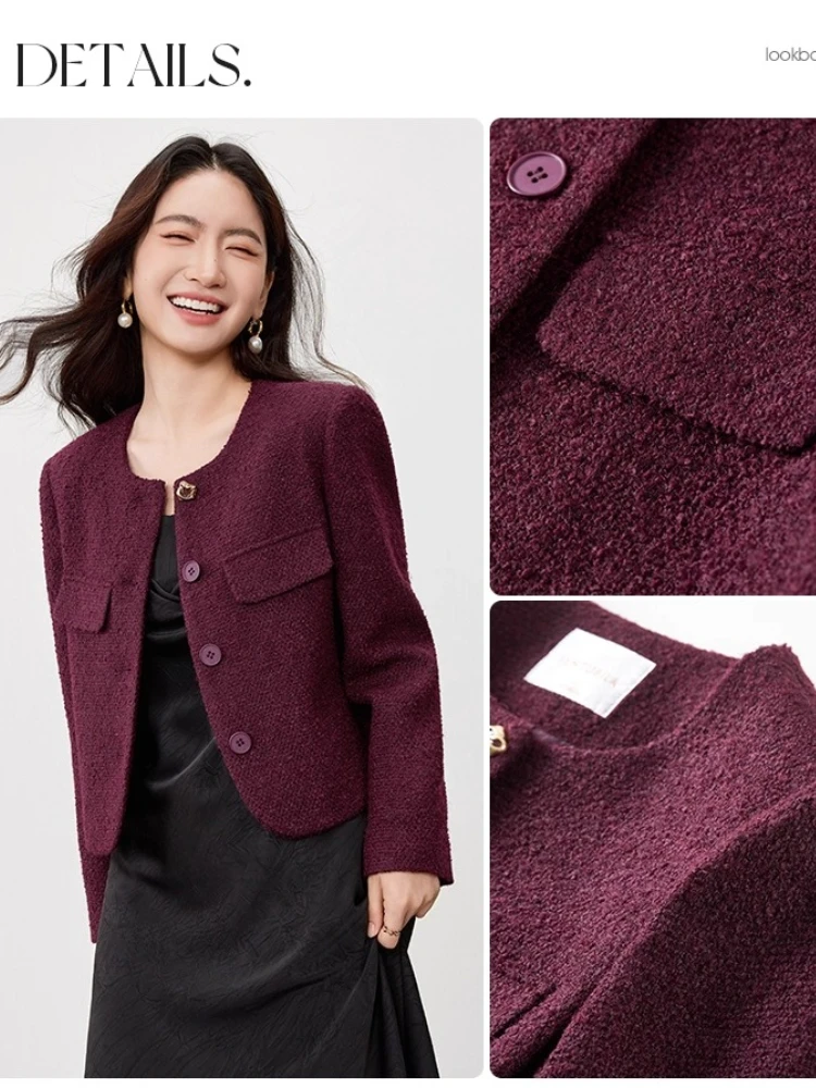 SENTUBILA Women's Elegant Commuter Short Coat Autumn 2025 New Wool Blend O-Neck Metal Buckle Long Sleeve Office Top 153WA2086