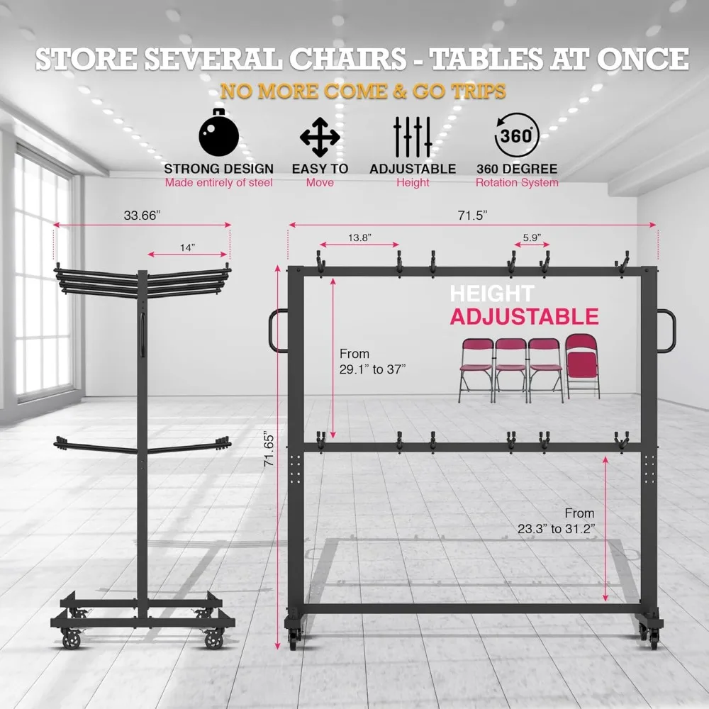 عربة تخزين للكرسي والطاولة قابلة للطي شديدة التحمل بعجلات، تحمل 84 كرسيًا أو 12 طاولة تصل إلى 900 رطلاً #6