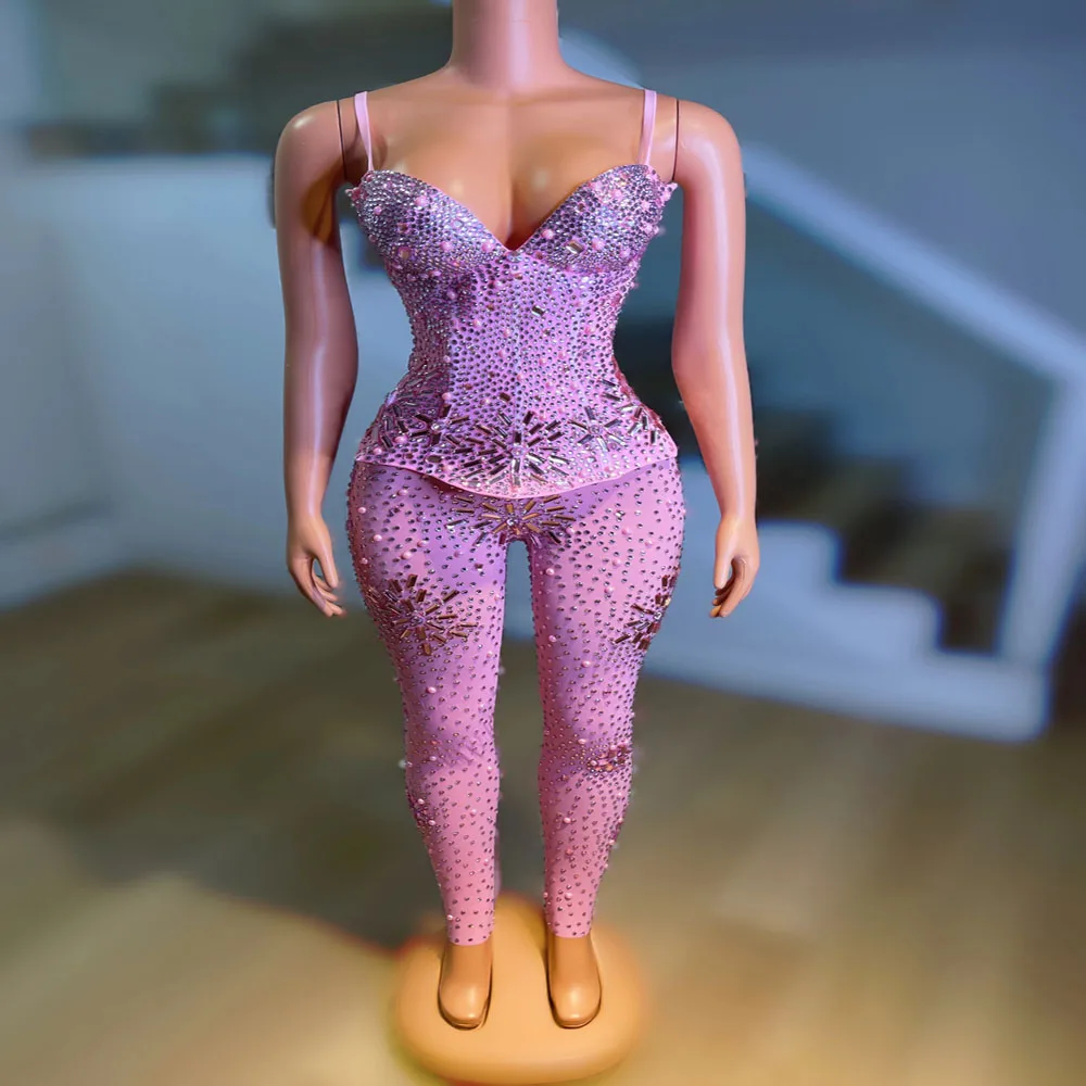 Club Singer Nightclub Dance Show Bodysuit Show Rhinestones Birthday Celebrate Outfit Mesh Luxury Party See Through Jumpsuit