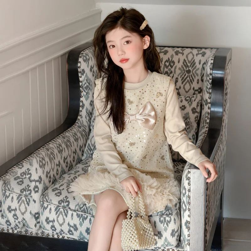 

Girls' Bowknot Dress Set2026New Spring Fashionable Children's Birthday Dress Vest Dress