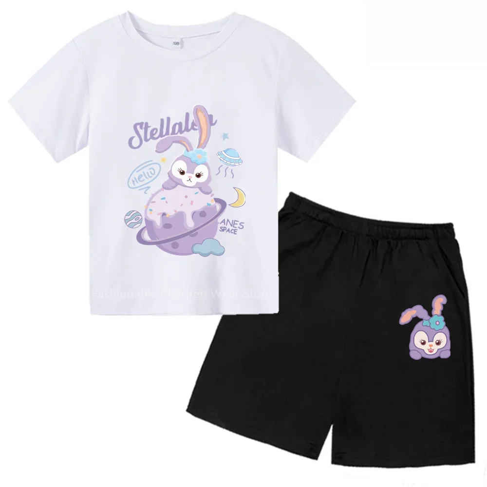 Cute Disney Starlight Ballerina Rabbit Print Tee & Shorts Combo Child Cotton Summer Top Boy Girl Friendly Outdoor Korean Chic