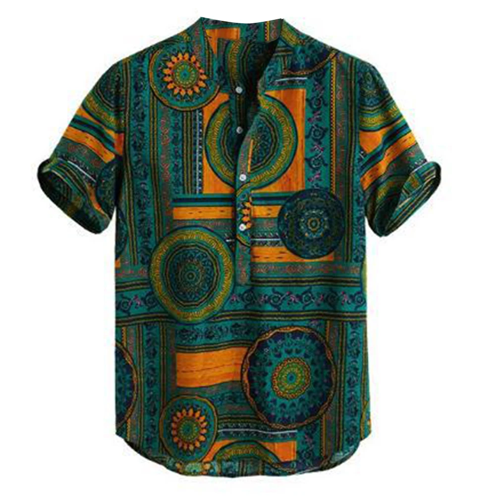 

Summer Men's Ethnic Sle Casual Printed irt ort Sve Polyester Stand Fit Polyester Polyester Polyester