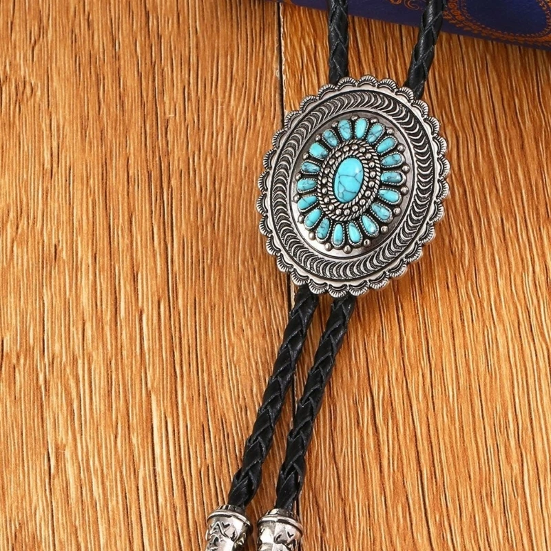 Braided Shoestring Fretwork Bolo Tie Turquoise Charm Cowboy Necktie Necklace