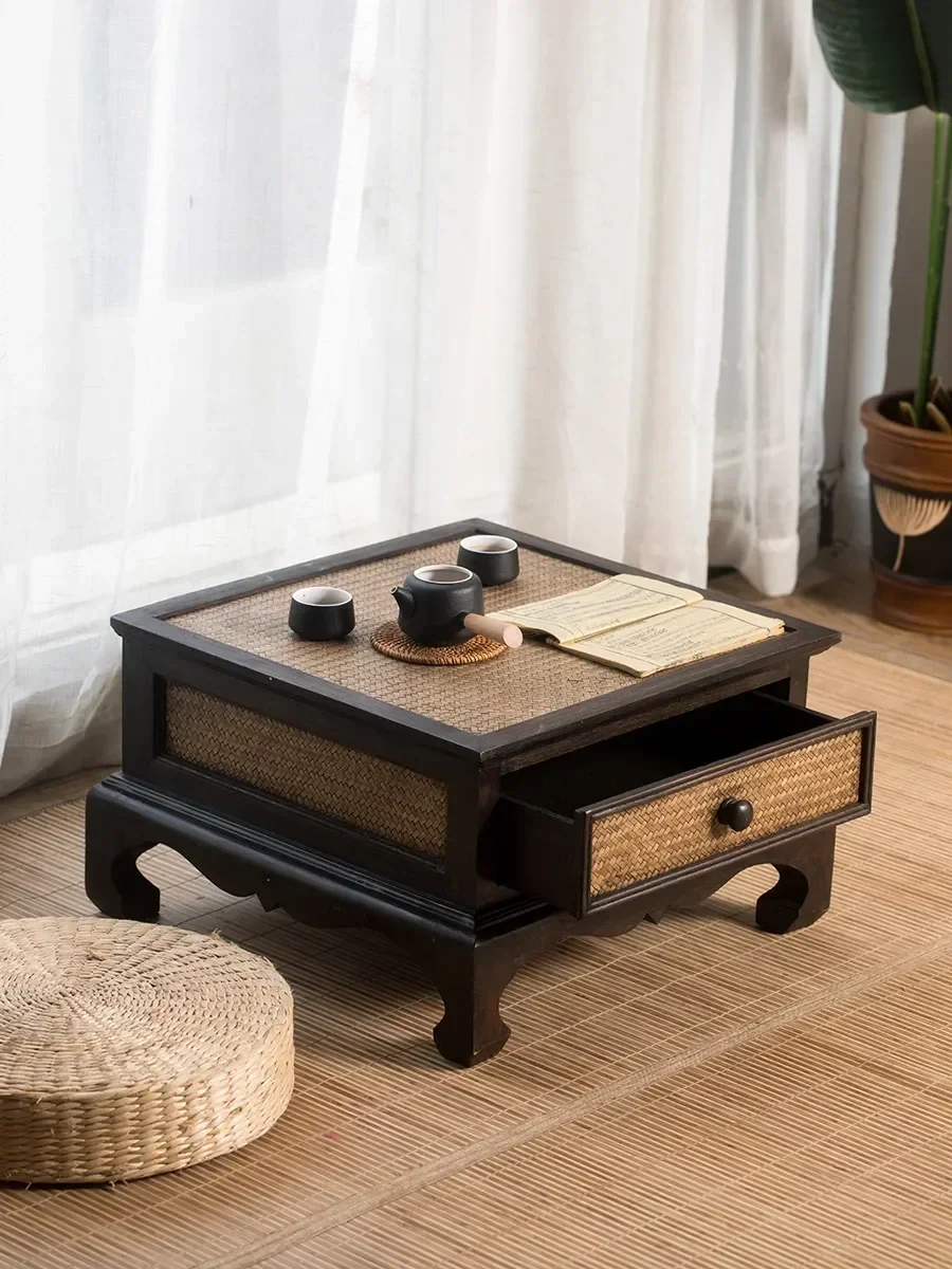 Small coffee table, solid wood Zen floating window table,  bamboo woven new Chinese tea table