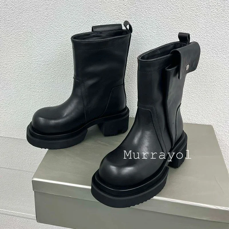 Thick Bottom Heighten Mid Calf Boots Women Round Toe Genuine Leather Short Boots Spring Autumn British Style Chelsea Boots