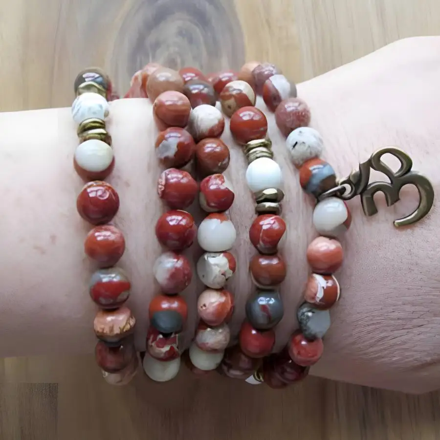 

6mm red jasper 108 Bead Gemstone Mala Bracelet 3D pendant Sacred Buddha Bohemian Bead Jewelry Gemstone elastic Tibetan