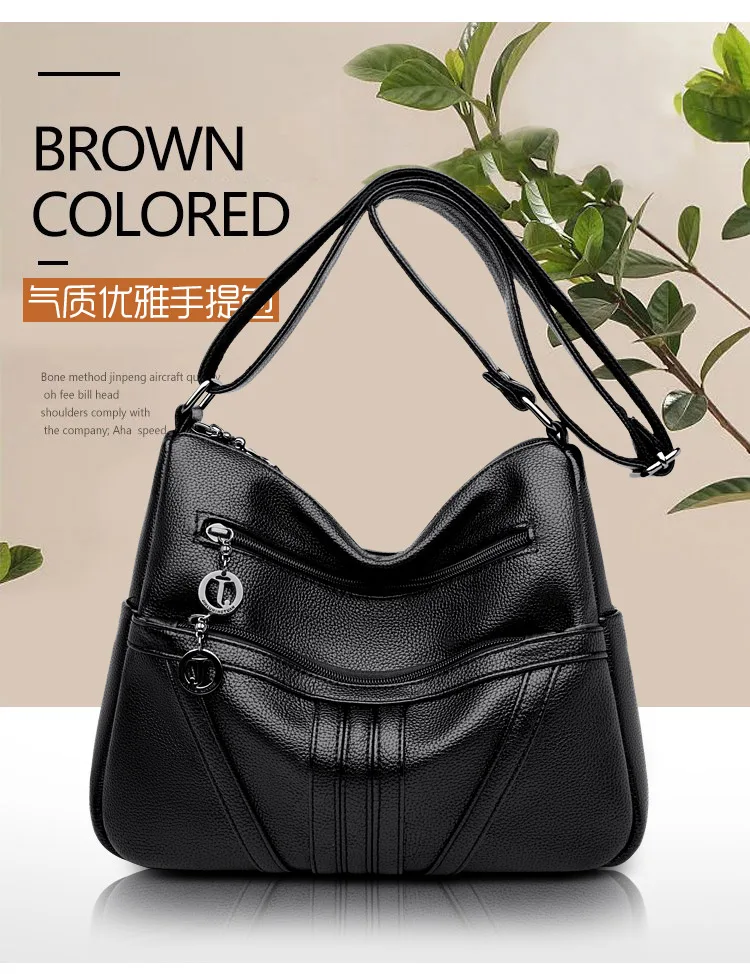 High Quality Leather Women Shoulder Bag Fashion Multi-Pockets Messenger Bag Solid Color High-capacity Leather Purse Soft Handbag