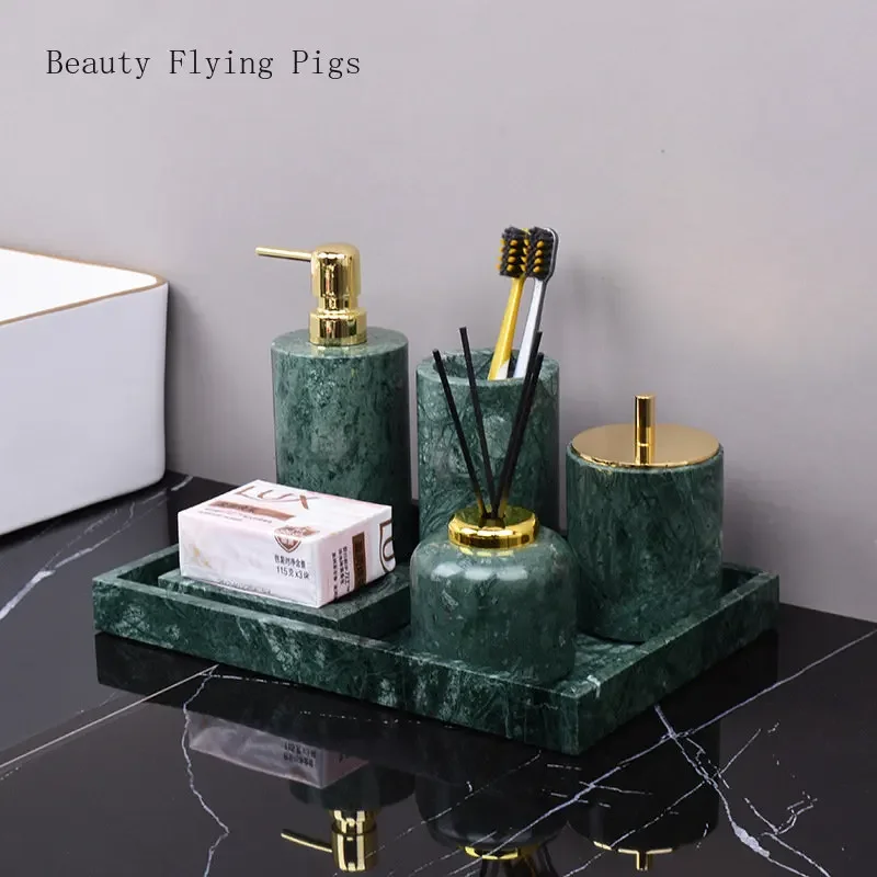 Green marble light luxury bathroom wash set tray, bathroom sink, toothbrush, shelf decoration marble tray  household items