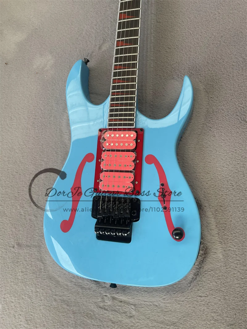 Light Blue Electric Guitar Pink Pickups Tremolo Bridge Rosewood Fingerboard Red Inlay Black Tuners