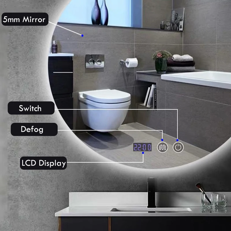 Miroir décoratif rond intelligent pour dél\'offre buage de chambre d\'hôtel, rétroéclairage réglable, miroir LED, 3 documents, 40 cm, 50 cm, 60cm