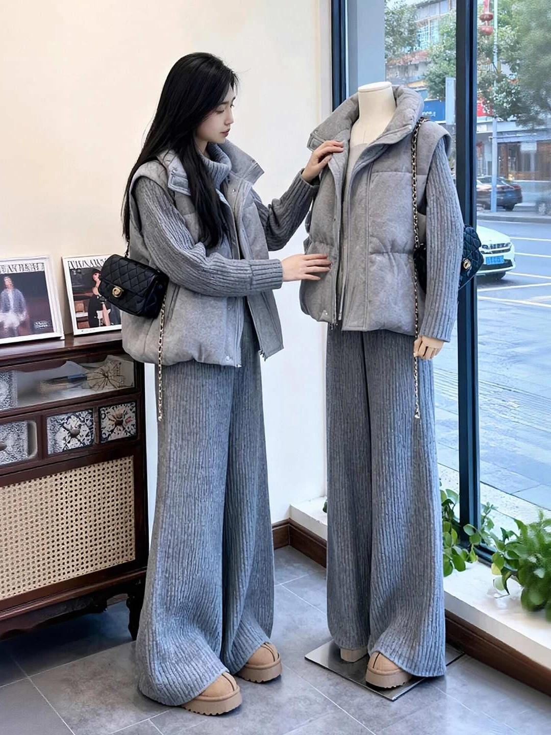 

Chic Winter Women's Knitted Cardigan Cotton Vest Loose Fit Casual Pants Tee Piece Set High Waist Pure Color Casual Sle