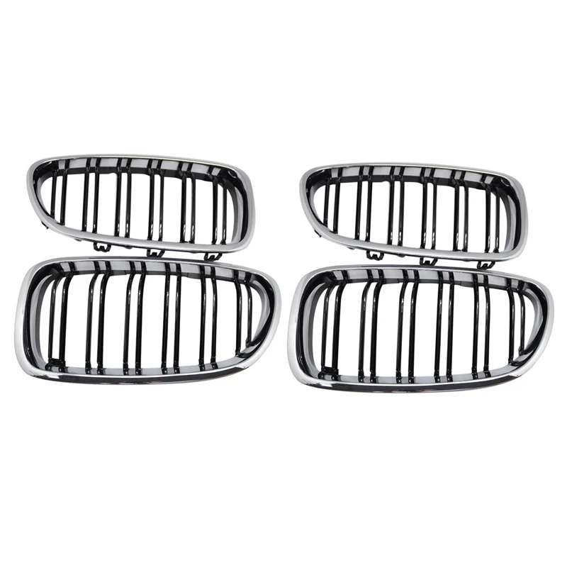 

4X Silver + Black Dual Fin Front Grille Grill Hood Nose For BMW F10 F11 5 2010-2015