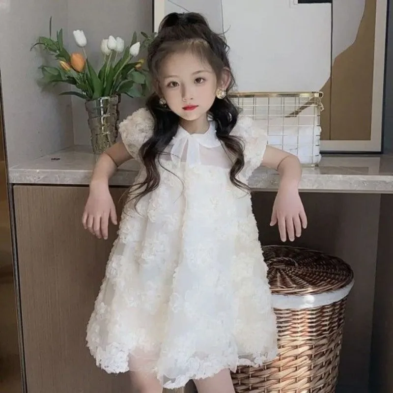 Summer Girls Sweet  Dress Baby Doll Neck Pearl Princess Dresses Kids Flower Vestido Child Puff Sleeve Dress 2 4 6 810 Year