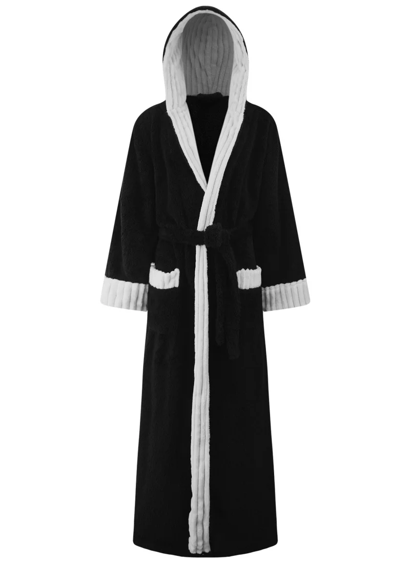 Men's Hooded Black Fuzzy Plush Bathrobe with White Striped Trim Long Flannel Belt Pockets Warm Loungewear for Winter Spa Hotel