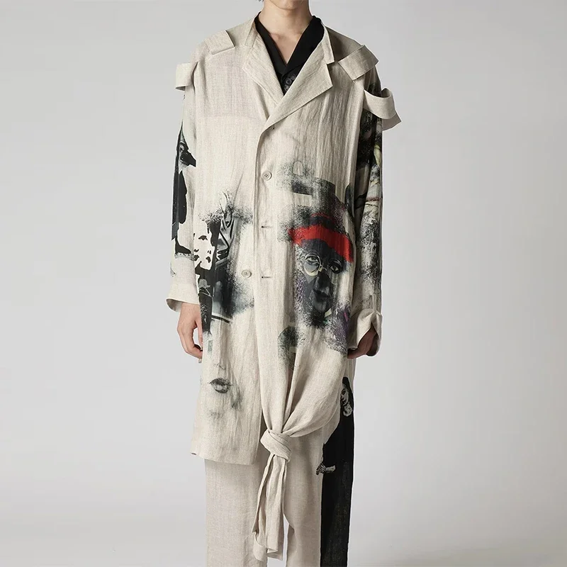 YOJI OOAK معطف سترة متأرجح غير متماثل بنمط مطبوع أصلي داكن وشارة كتف ومعطف بعقدة من القنب #3