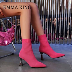 Winter Women Knitted Sock Ankle Booties Sexy Pointed Toe Elastic Boot Pull-on Style Party Dress Shoes 2024 Zapatos Para Mujere