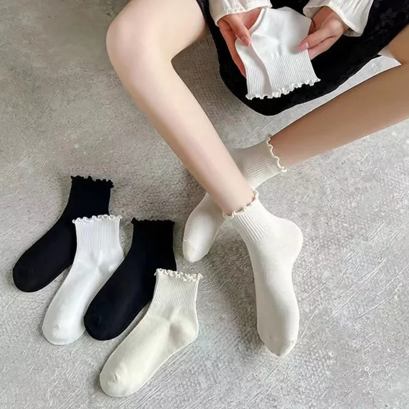 Cream Color Socks Wooden Ear Edges Harajuku Pleated JK Breathable Cotton Style Fashion Soft Mid-tube Stockings for Women