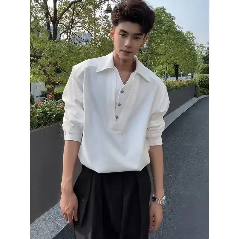 Fake Two-piece Spliced   long-sleeved Shirt for Men with Handsome Niche Shoulder Pad V-neck