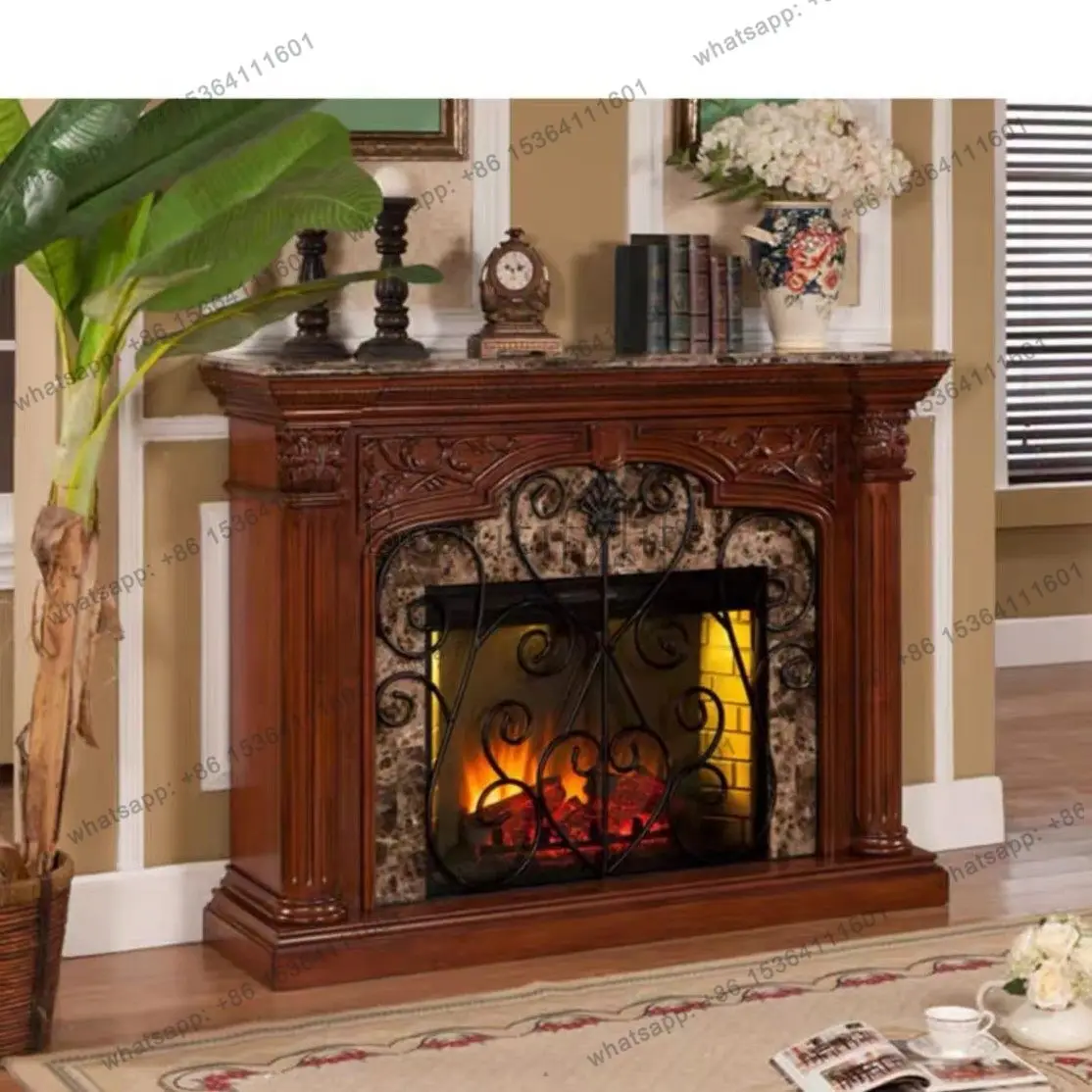 

American solid wood simulation flame household electronic heating retro decorative fireplace