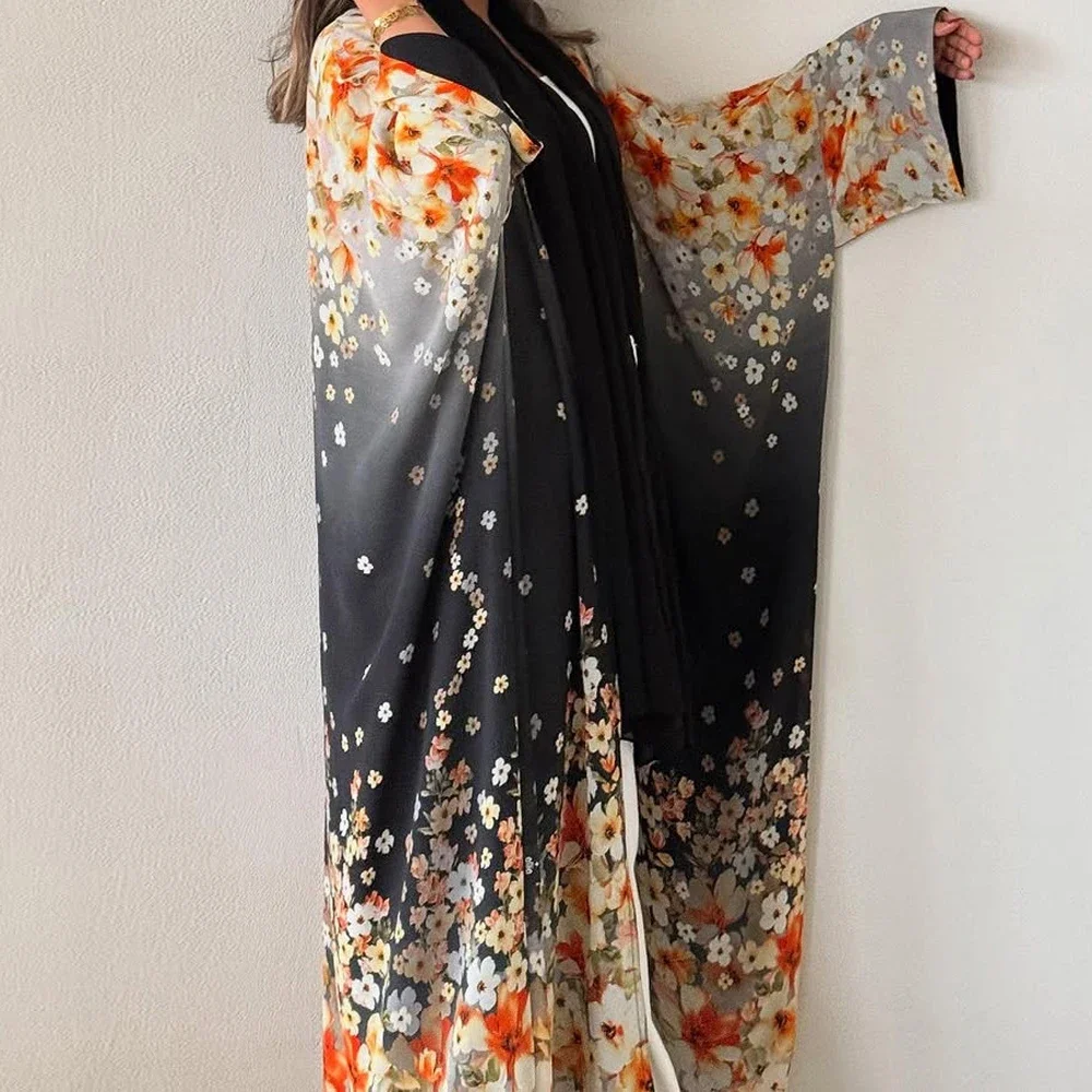 

Элегантное мусульманское скромное платье с цветочным принтом для женщин, Рамадан, Дубай, Абая, роскошное вечернее, турецкое кимоно, кардиган, Сабая, ислам, Джалабия