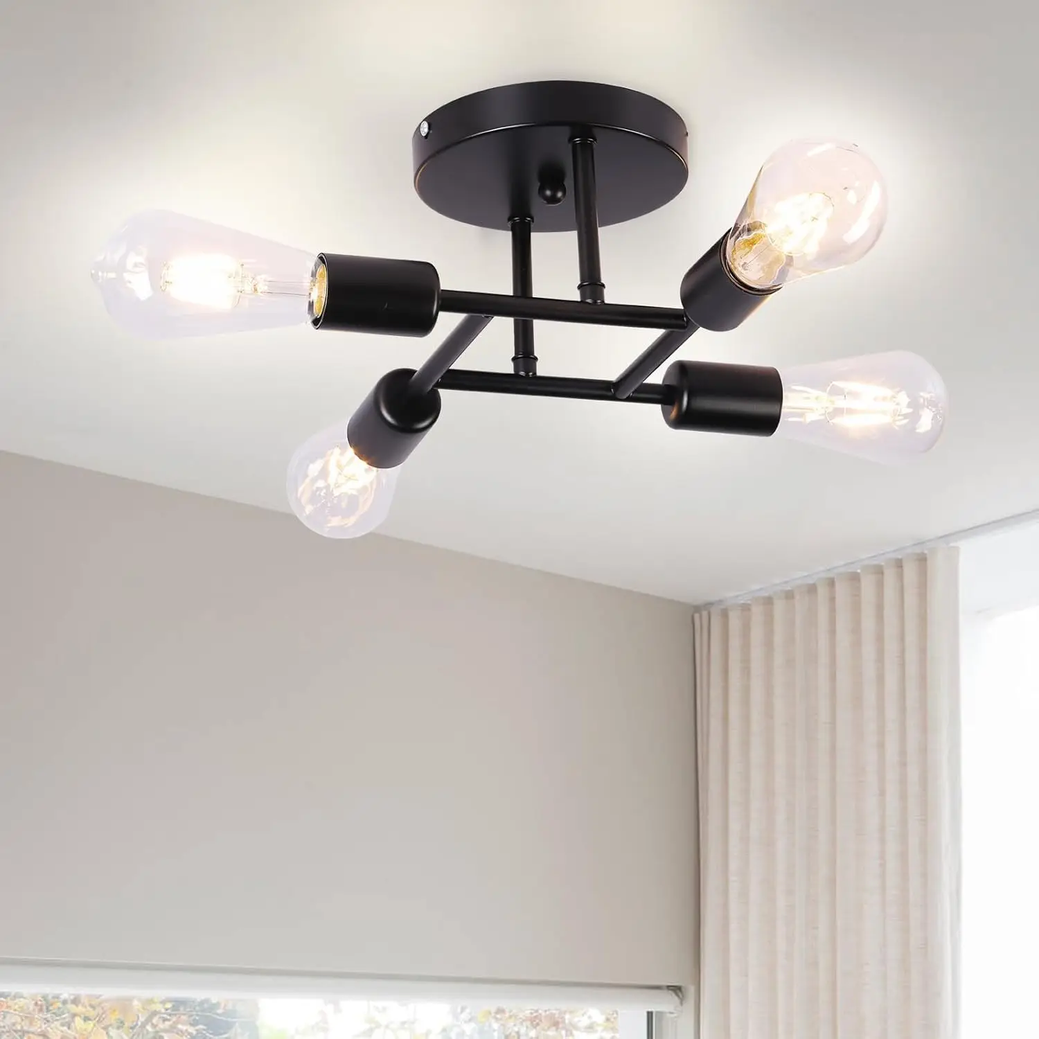 4-Light Semi Flush Mount Ceiling Light, Matte Black Sputnik Ceiling Light Fixture, Modern Farmhouse E26 Chandelier for Kitchen, Dining Room, Bedroom, Hallway
