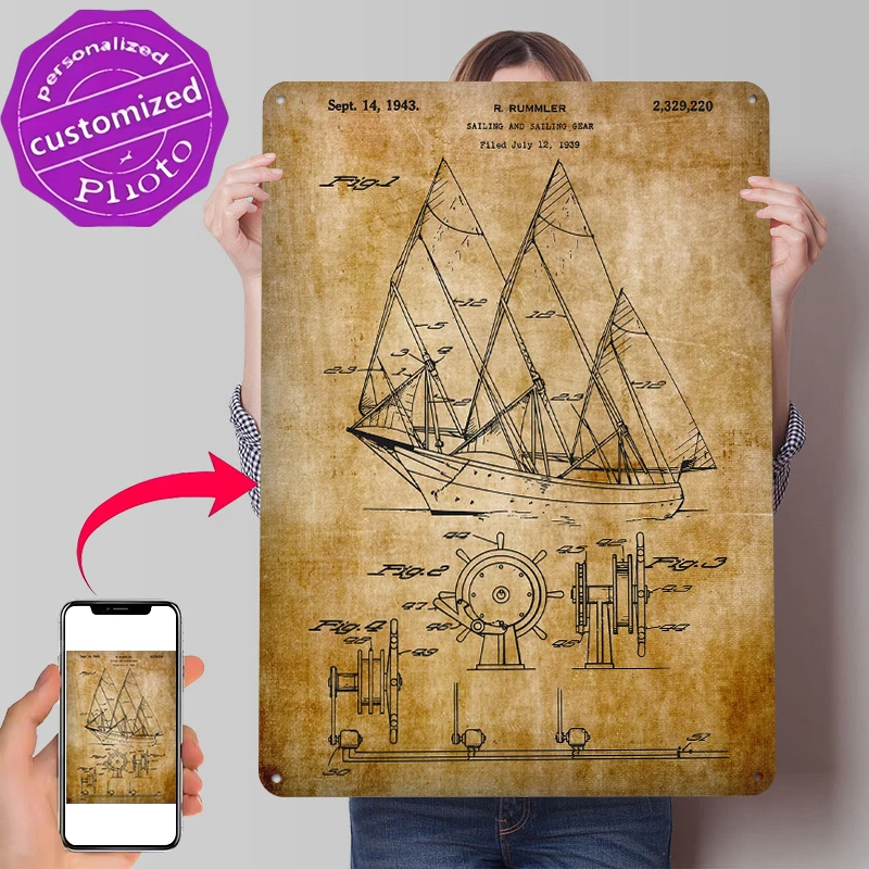 1943 Sailing Amp Segelausrüstung Patent-Poster aus Weißblech, personalisierte Wandkunst, Retro-Vintage-Metallschilder für Fans, Männerhöhle, Zuhause