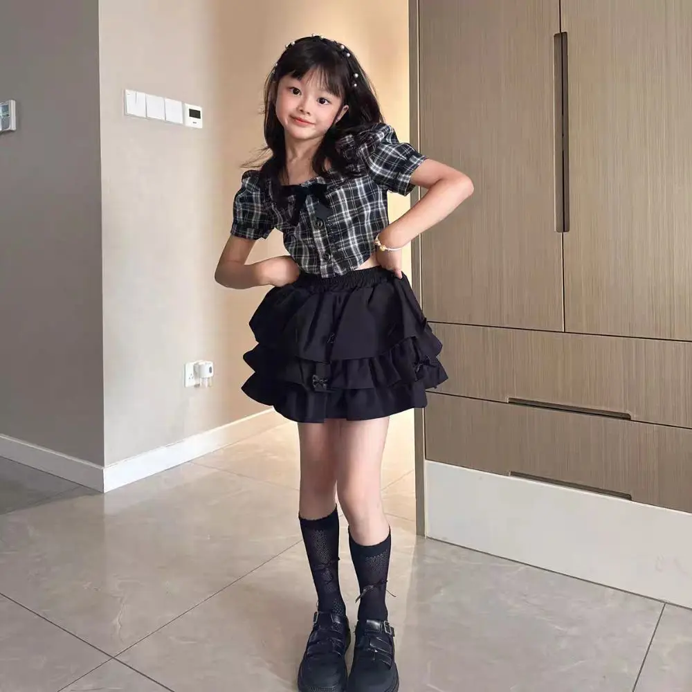 كعكة اللباس الحلو الفتيات ارتداء دعوى قصيرة الأكمام المراهقين تي شيرت منقوشة تنورة مجموعة Preppy نمط زي حزب الأطفال ملابس الصيف #5