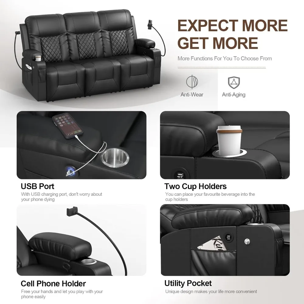 Recliner Sofa 3 Seater Double Recliner, PU Leather Recliner Sofa with Cup Holder and 2 Phone Holders, USB Port, Black