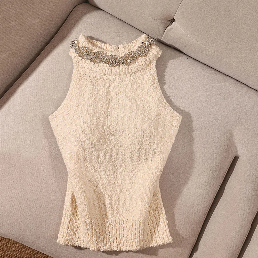 

Small Fragrance Wind Knitted Camisole Ladies Sexy Sleeveless Diamond Halter Woman Tank Tops Elastic Slim Short Female Vest Top