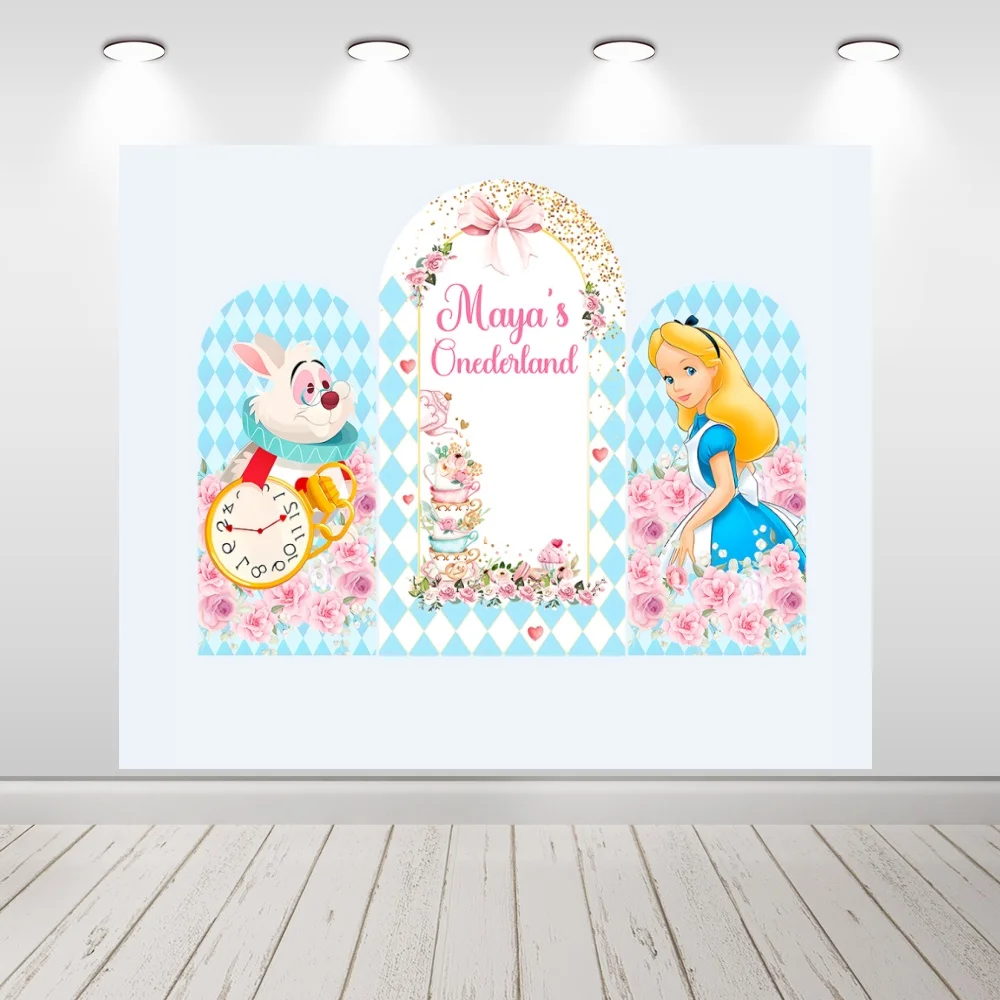 

Alice in Wonder Girl Birthday Arch Backdrops Cover Blue theme Castle Photo Background Party Decoration Supplies