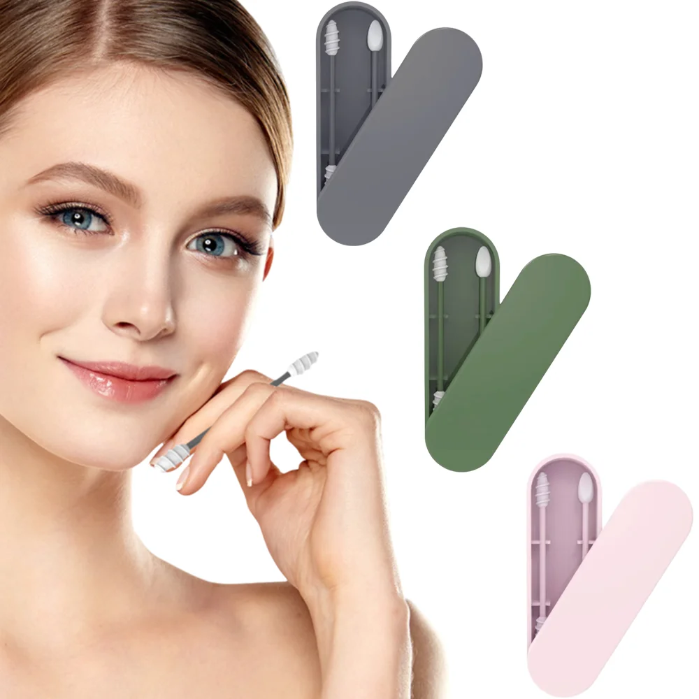 2 Stück/Set Wiederverwendbare Wattestäbchen Tragbare Kosmetikbürste Silikon-Wattestäbchen zur Ohrenreinigung Doppelköpfige Recycling-Reinigungsbürsten für Make-up-Tools