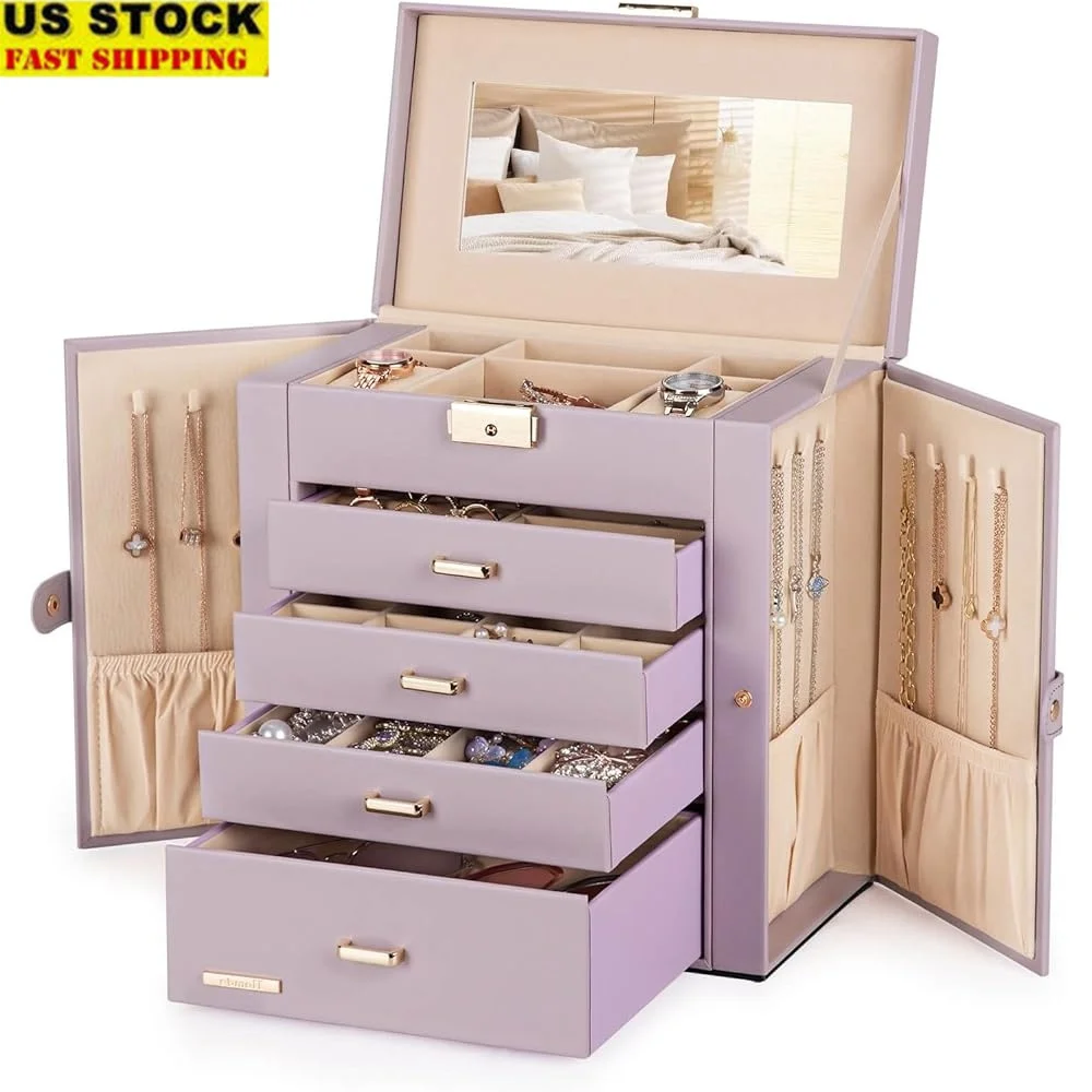 

Mother's Day Gifts Jewelry Box Organizer Lockable Storage Case Watch Necklace Ring Earring Bracelet with Mirror Dustproof Design
