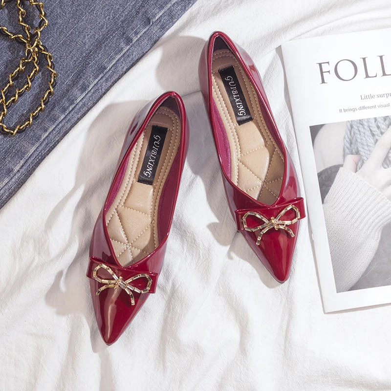 Large Patent Leather Rhinestone Lolita Single Shoe Pointed Soft Sole Shallow Cut Women's Flat Shoes Spring New Bow Ladies Shoes