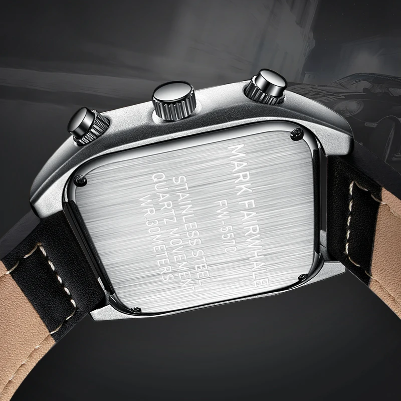 Mark Fairwhale Luxury Mens Quartz Watch Fashion Leather Strap Multifunctional Square Wristwatch for Men