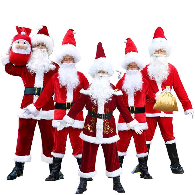 Santa Claus Clothes Christmas 7PCs Costume Outfits Red Deluxe Velvet Men Dress Up Holiday Family Party Cosplay Costumes